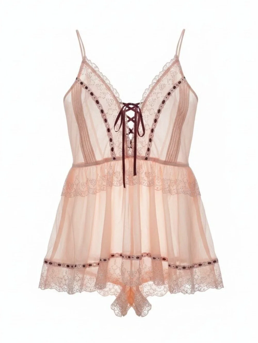 Free People Peach Pink Eyelet Cotton Romper with Maroon Tie NWT